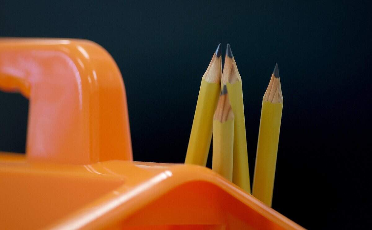 Sharpened pencils stand ready in a third grade classroom at Rufino Mendoza Elementary School on Wednesday, July 29, 2026. Rufino Mendoza Elementary is one of the 19 low-performing schools that make up Fort Worth Independent School District's new ELEVATE network. Principal Katy Myers Allis said all classrooms will have a caddy of materials the students need at reach at their desks.
